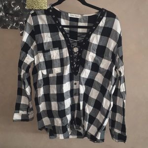 Plaid lace up long sleeve top